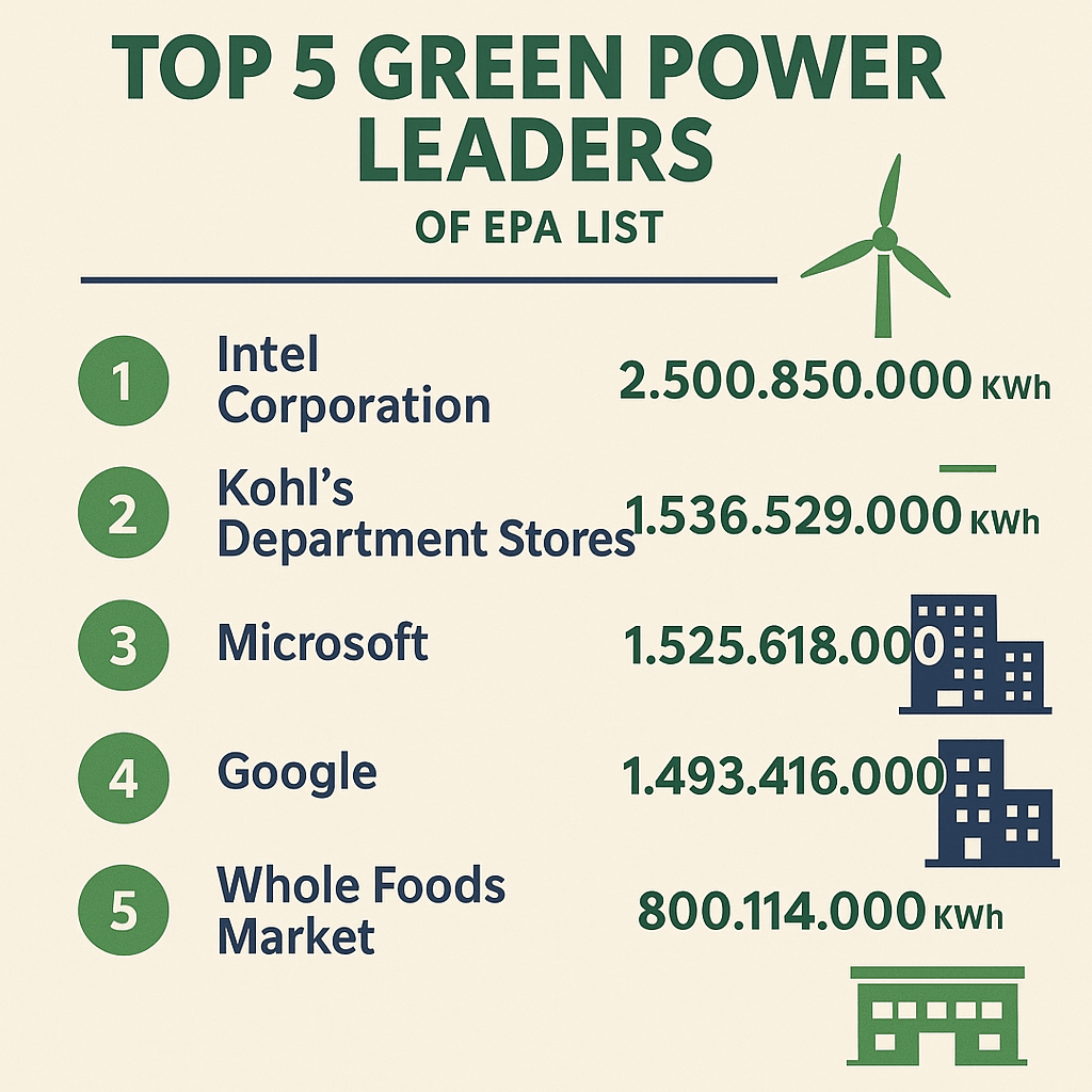 Infographic titled “TOP 5 GREEN POWER LEADERS OF EPA LIST” with a numbered ranking and kWh usage alongside renewable energy icons.