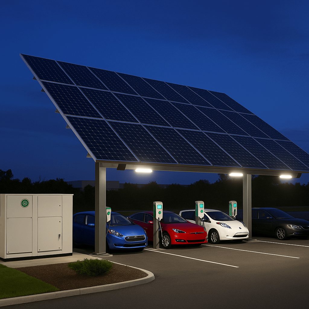A solar-powered electric vehicle charging carport at dusk with LED lighting illuminating parked EVs beneath solar panels, with visible battery storage units nearby.