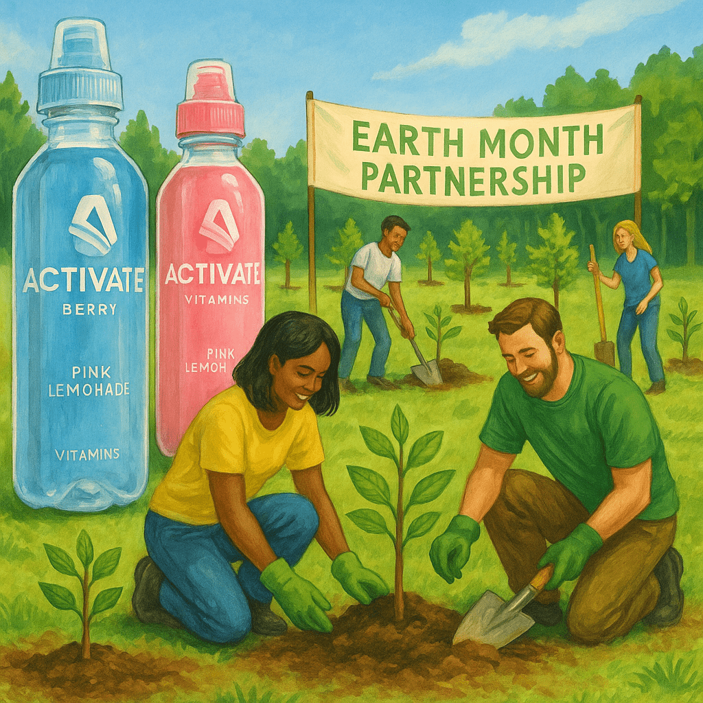 Volunteers planting young trees during an Earth Month event with ACTIVATE Drinks bottles in the foreground and a green forest backdrop.