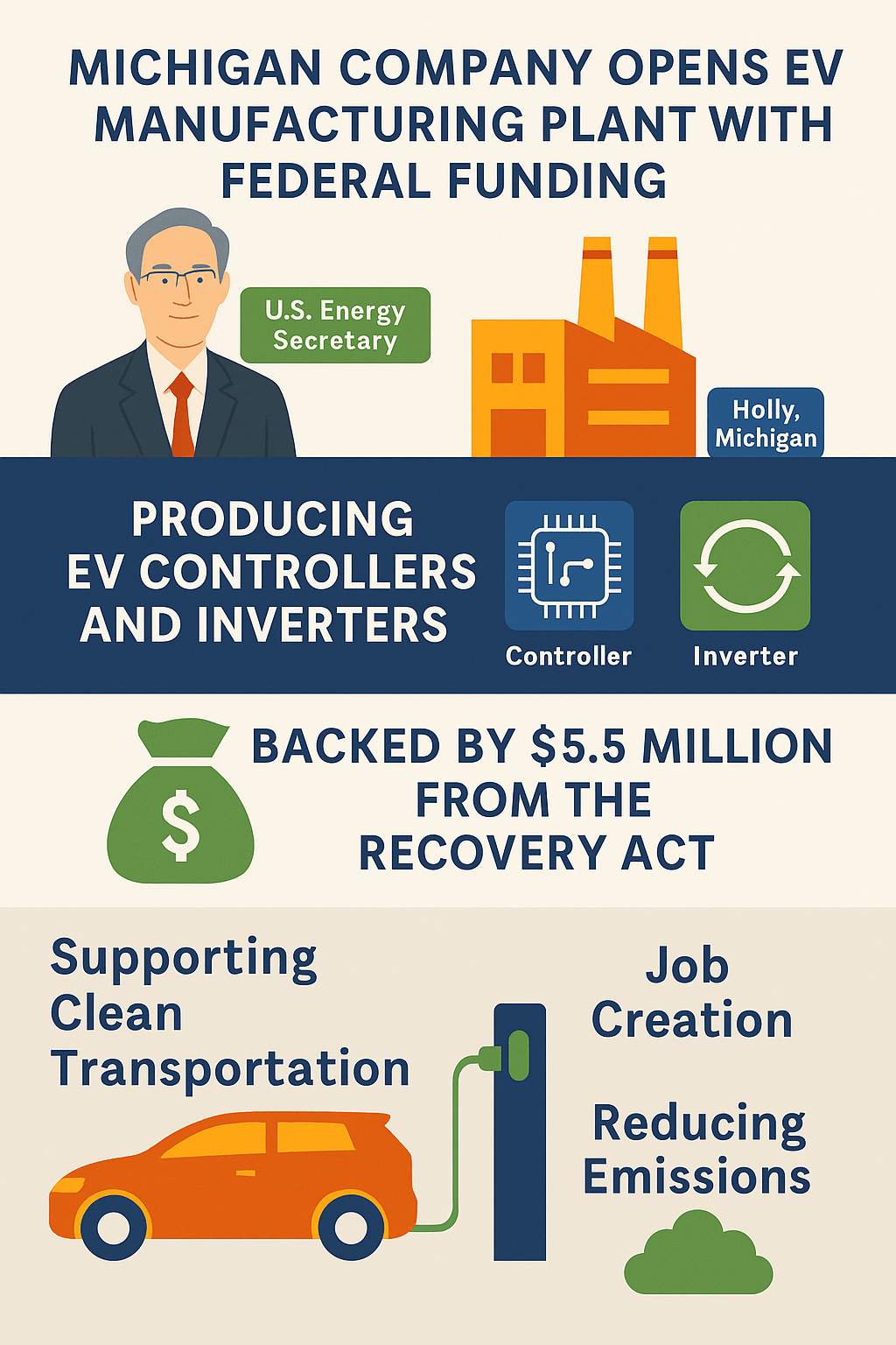 Infographic titled “Michigan Company Opens EV Manufacturing Plant with Federal Funding,” highlighting U.S. Energy Secretary’s visit, $5.5 million Recovery Act support, and the facility’s role in producing EV controllers and inverters while supporting clean transportation and job creation.