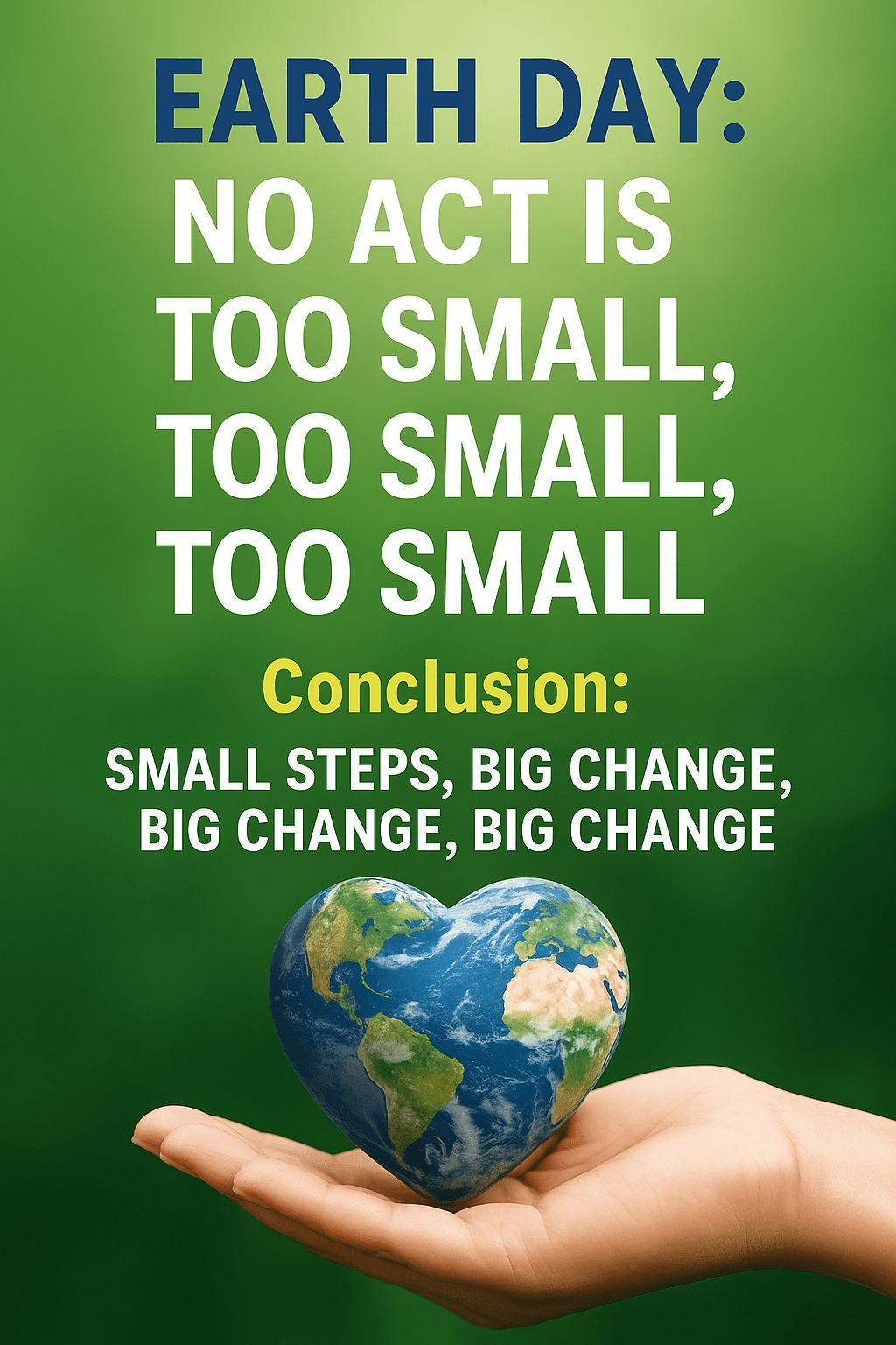 Motivational Earth Day graphic showing a hand holding a heart-shaped Earth with bold text emphasizing that no act is too small.