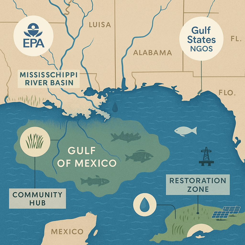 Illustrated map of the Gulf of Mexico region showing river inflows, wetlands, fisheries, and energy infrastructure, highlighting the scope of EPA’s Gulf of Mexico Program.
