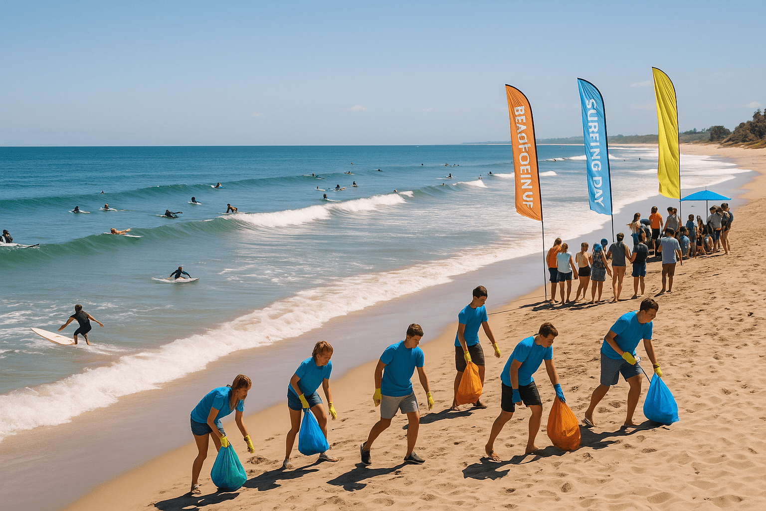 A wide-angle photo depicting surfers catching waves along a sunny shoreline. Nearby, community volunteers engage in beach cleanup, while others gather for a relaxed beach celebration under colorful banners and flags.