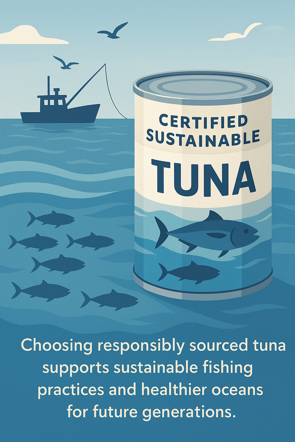 Illustration of a certified sustainable tuna can with a fishing boat using pole-and-line methods in the ocean, promoting responsible seafood choices.