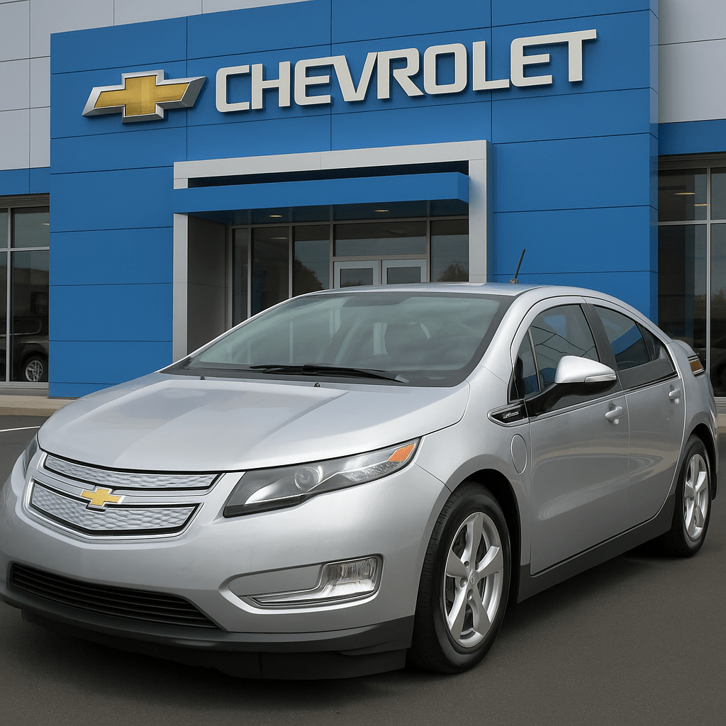 Silver Chevrolet Volt parked outside a Chevrolet dealership, showcasing its aerodynamic design and charging port in front of the building’s blue and gray facade.