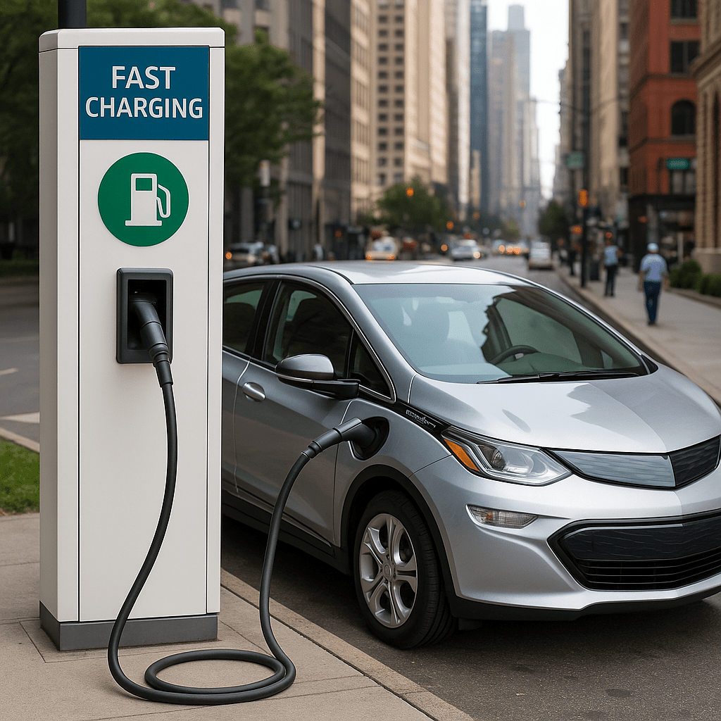 Silver electric vehicle charges at a fast-charging station on a busy New York City street, surrounded by tall buildings, pedestrians, and urban traffic.
