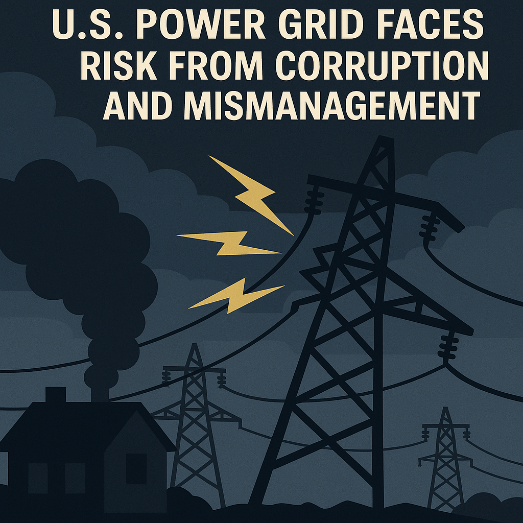 Illustration of a damaged power grid with lightning bolts, smoking house, and text warning about U.S. power grid risks from corruption and mismanagement.
