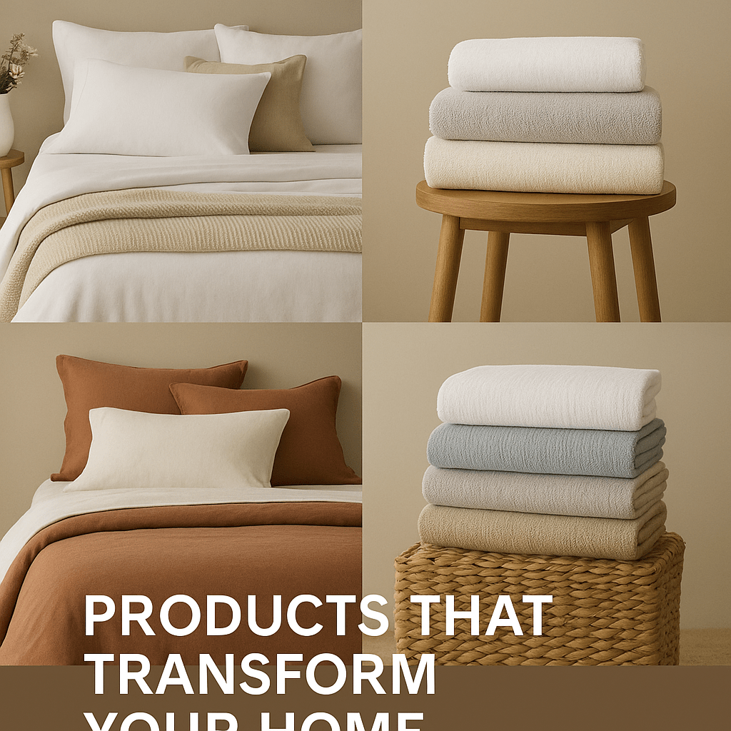 Four-panel Coyuchi advertisement showcasing organic bedding and bath linens in neutral tones with natural textures and soft lighting.