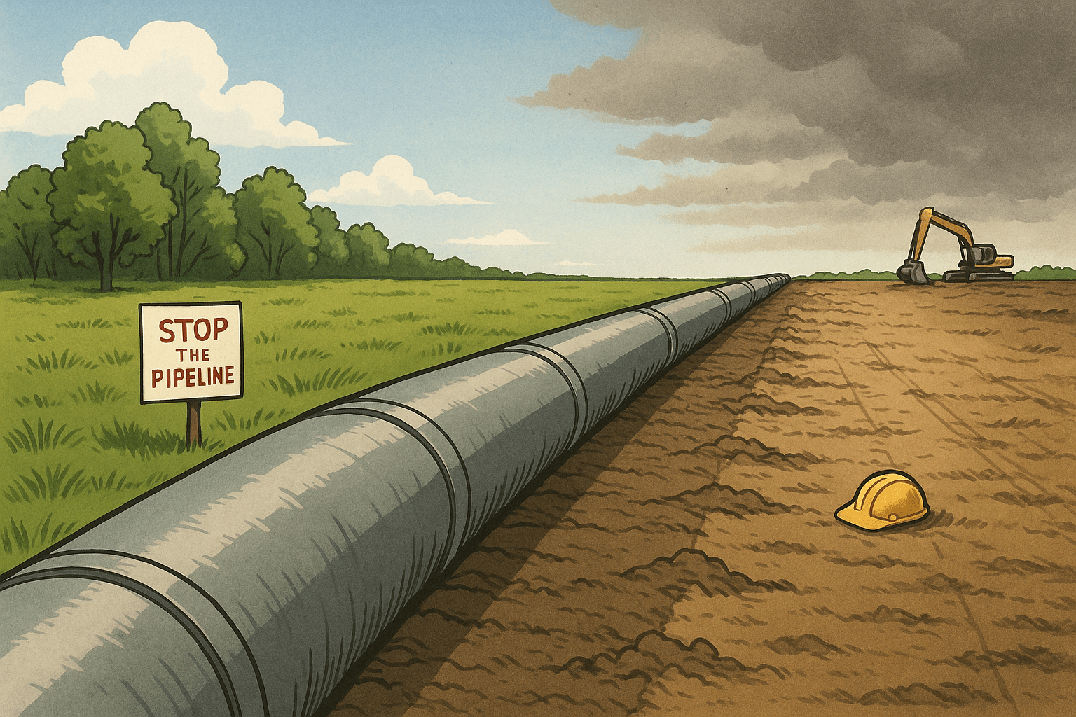 Pipeline cutting through green fields and cleared land with a ‘Stop the Pipeline’ sign on one side and construction equipment on the other.