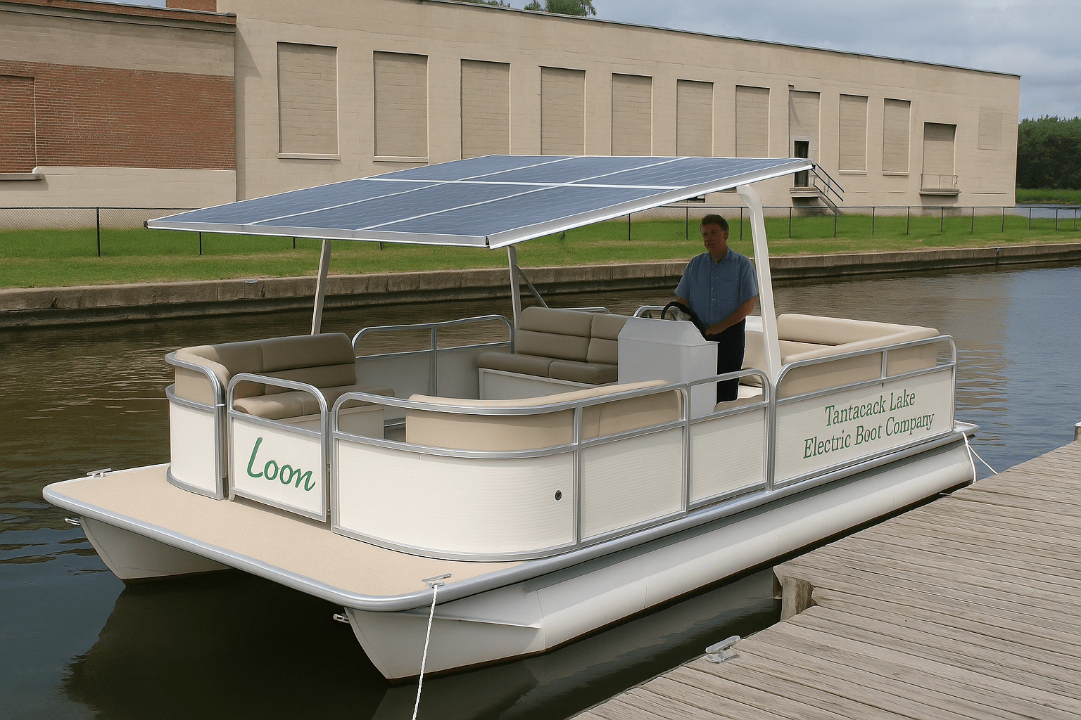 Solar-powered pontoon boat named Loon docked at a pier with rooftop solar panels and a driver at the helm.