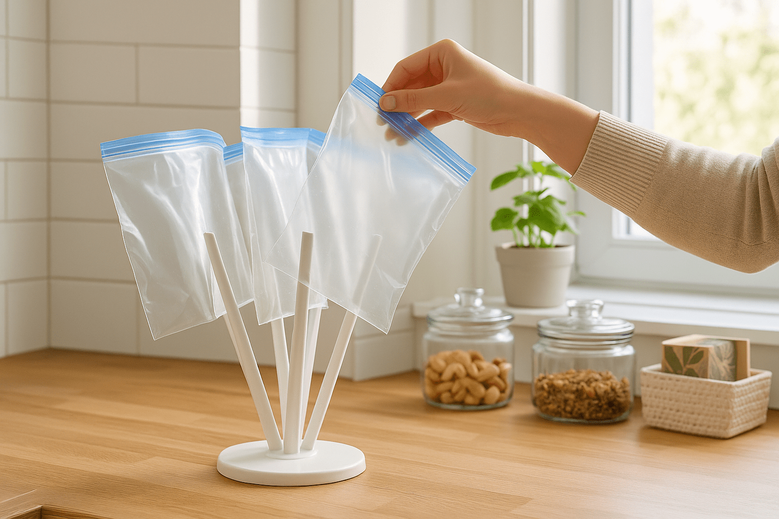 Person placing a clear, resealable plastic bag onto a white drying rack in a bright, modern kitchen with sunlight and potted herbs.