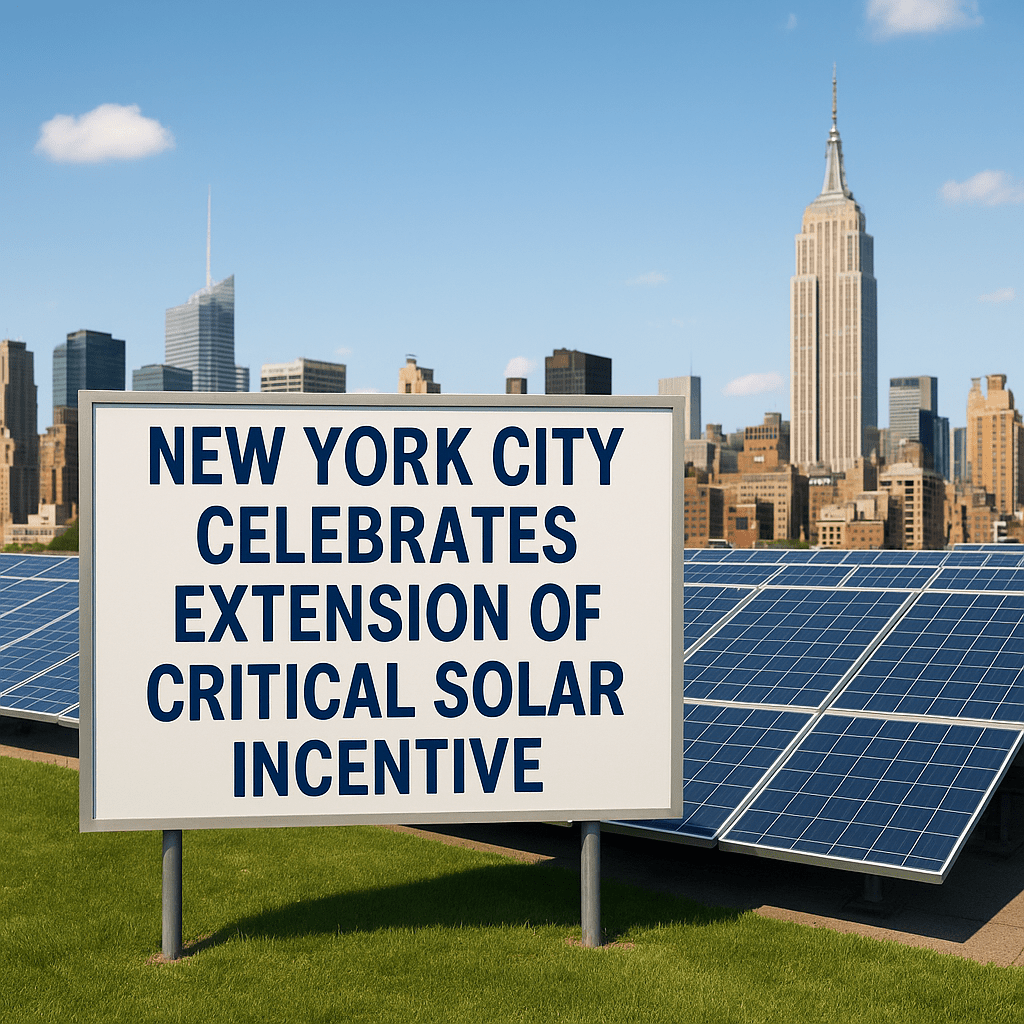 A rooftop in New York City with solar panels and a large sign that reads, “New York City Celebrates Extension of Critical Solar Incentive,” with the Empire State Building visible in the background.