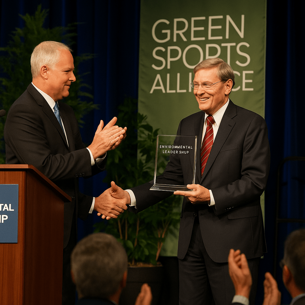 Sports industry leader receives an Environmental Leadership award on stage with applause, highlighting a commitment to sustainability at a Green Sports Alliance ceremony.