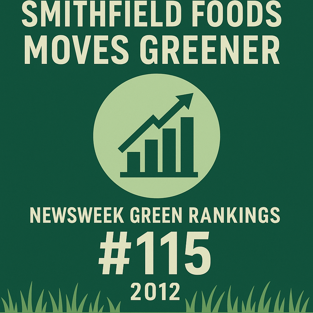 Green graphic showing Smithfield Foods’ improved environmental ranking, with a rising bar chart and bold “#115” for Newsweek’s 2012 Green Rankings.