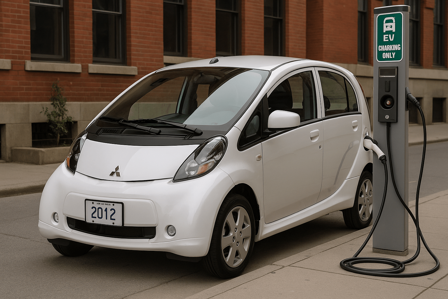 Photo of the 2012 Mitsubishi i parked next to a charging station in an urban environment.