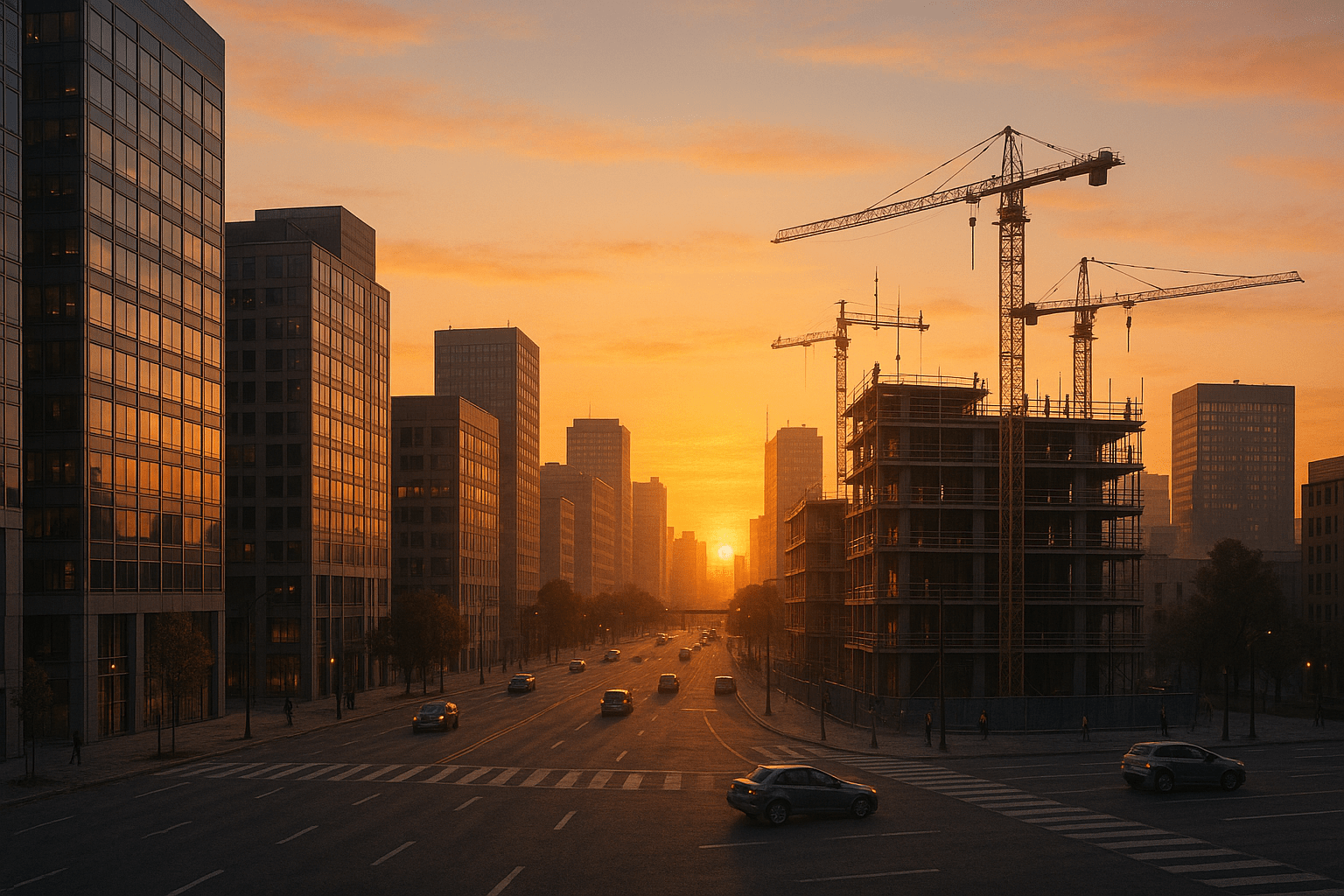 Urban skyline at dawn with construction cranes and early traffic, symbolizing economic recovery.