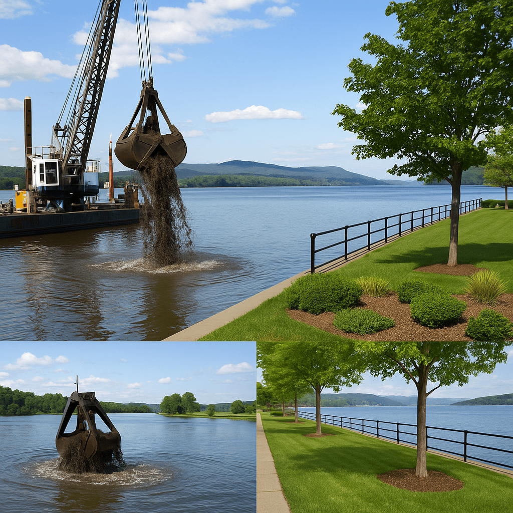 Dredging barge with a clamshell bucket removing sediment from the Hudson River, with clean water and landscaped shoreline visible.