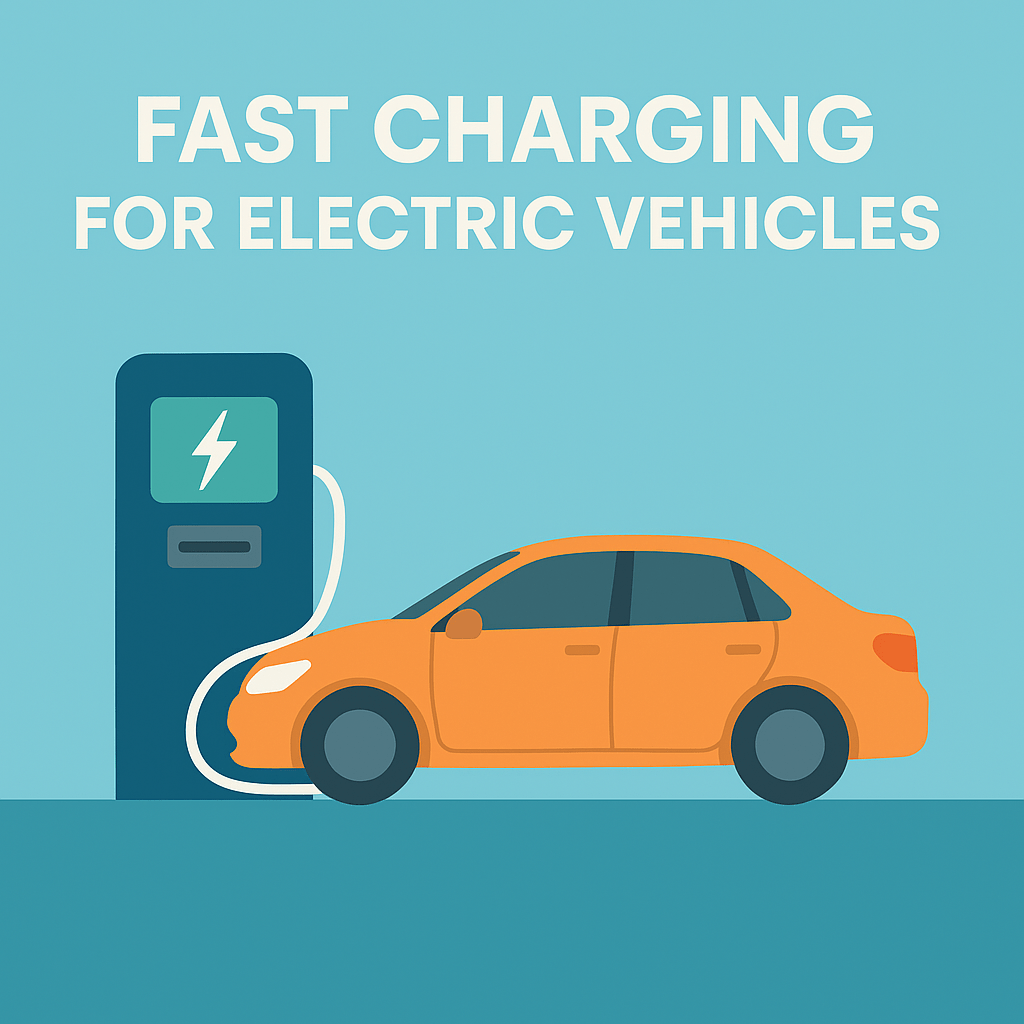 A modern orange electric car charges at a fast-charging station with a lightning bolt symbol, under the headline “Fast Charging for Electric Vehicles.”