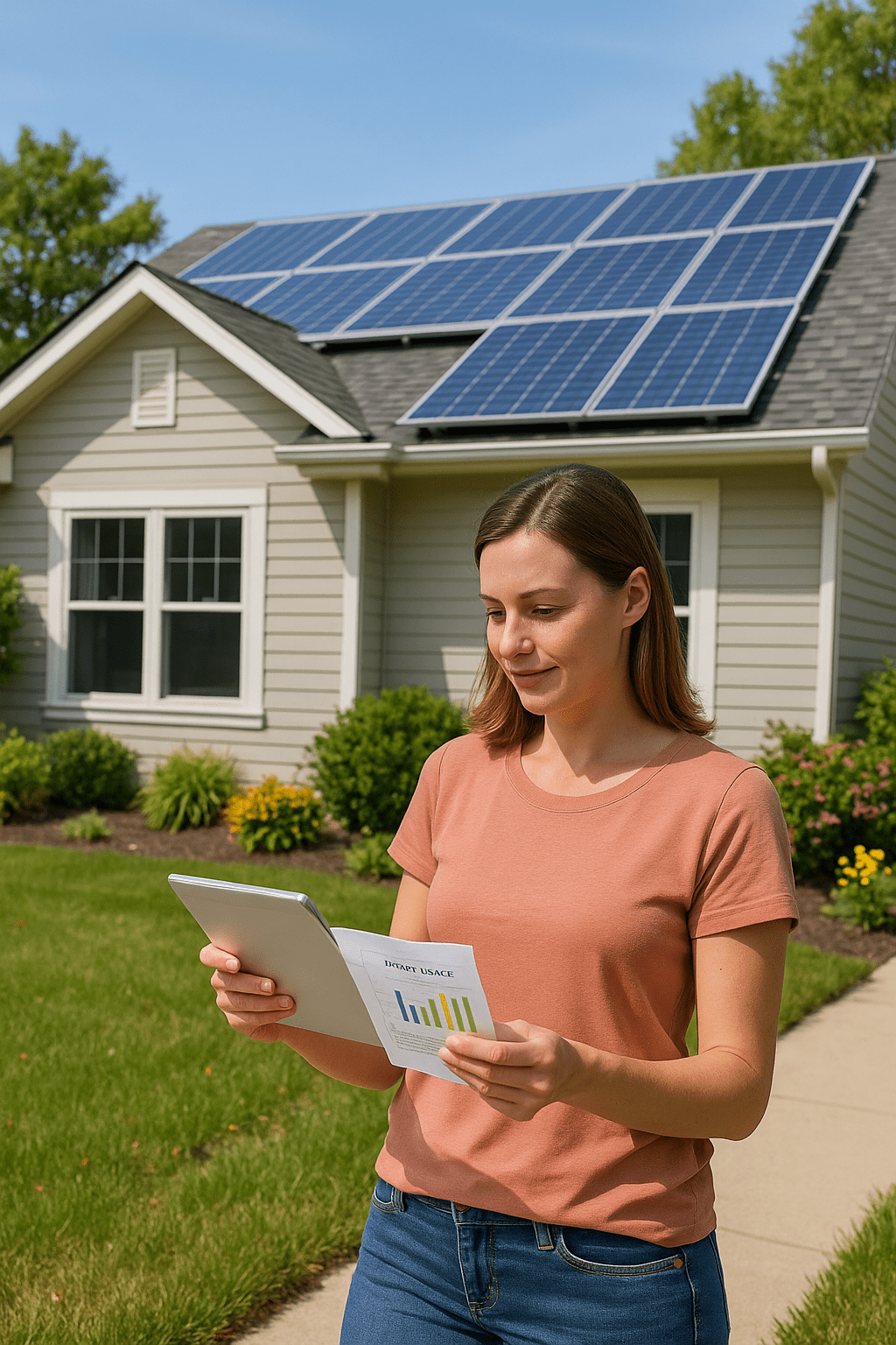 A bright, modern suburban home with rooftop solar panels under clear daylight. In the foreground, a homeowner (adult male or female) wearing casual clothes examines an energy bill or tablet displaying energy usage data. The home exterior is clean, with energy-efficient windows visible. The background includes landscaping with green trees and flowers, suggesting environmental consciousness. The overall mood is positive and empowered, illustrating homeowners taking control of their energy costs with solar and efficiency upgrades.