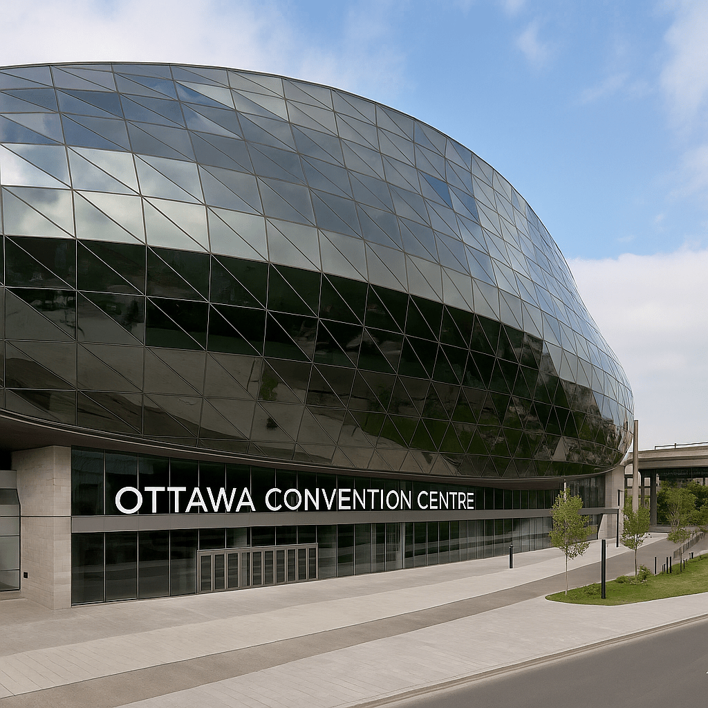 Ottawa Convention Center exterior with sweeping glass facade reflecting the city skyline.