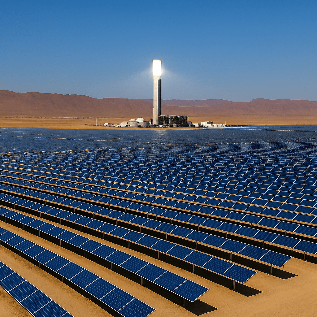 A high-resolution image of the Noor Ouarzazate Solar Complex in Morocco, showing vast rows of solar panels across a desert landscape with a concentrated solar power (CSP) tower glowing in the background under a clear blue sky.