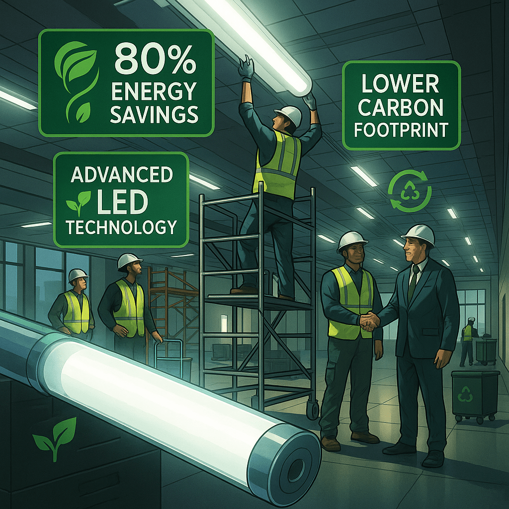Technicians install modern LED fixtures in a large building interior, with callout text reading “80% Energy Savings,” “Lower Carbon Footprint,” and “Advanced LED Technology,” against a clean, professional backdrop.