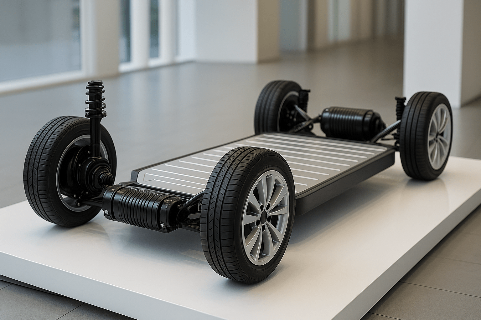 High-resolution photo of an electric vehicle skateboard chassis with four wheels and an integrated battery platform, displayed indoors on a white platform.