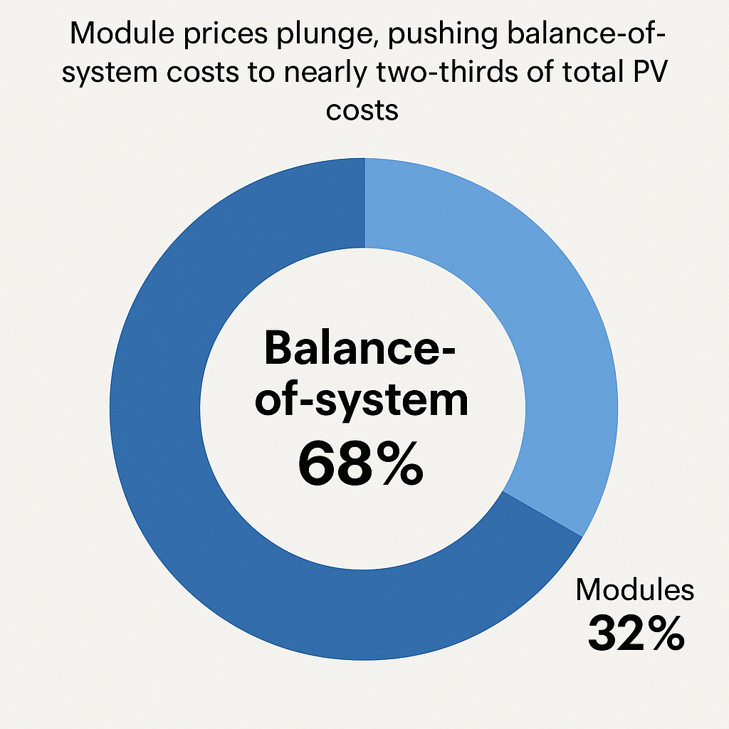 Donut chart showing balance-of-system (BOS) costs at 68% and solar module costs at 32% of total photovoltaic system pricing, based on GTM Research 2012 data.