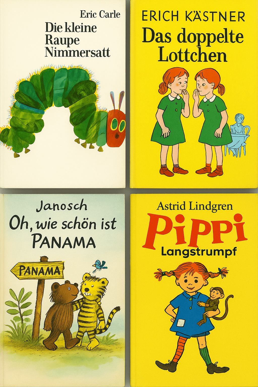 Four classic German children’s book covers displayed in a grid. Titles include Die kleine Raupe Nimmersatt, Das doppelte Lottchen, Oh, wie schön ist Panama, and Pippi Langstrumpf.
