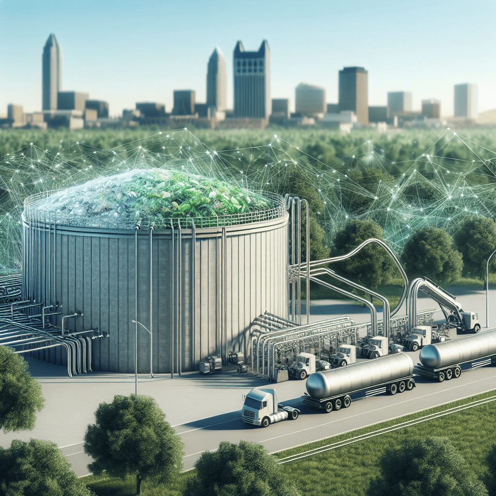 In the foreground, we see trucks efficiently unloading organic waste, representing the city's comprehensive collection system. The large, cylindrical biodigester tank dominates the center of the image, with a network of pipes connecting it to various processing stages. This visual emphasizes the technical sophistication of the biodigestion process. Surrounding the facility is lush green landscaping, symbolizing the environmental benefits of this waste management approach. The overall scene exudes a sense of cleanliness and efficiency, dispelling common misconceptions about waste processing facilities. This image effectively illustrates Sacramento's commitment to turning trash into green power, showcasing how modern technology can transform waste management into an environmentally responsible and visually appealing process. It serves as a powerful visual representation of the city's progress in sustainable waste management, as detailed in the article above.