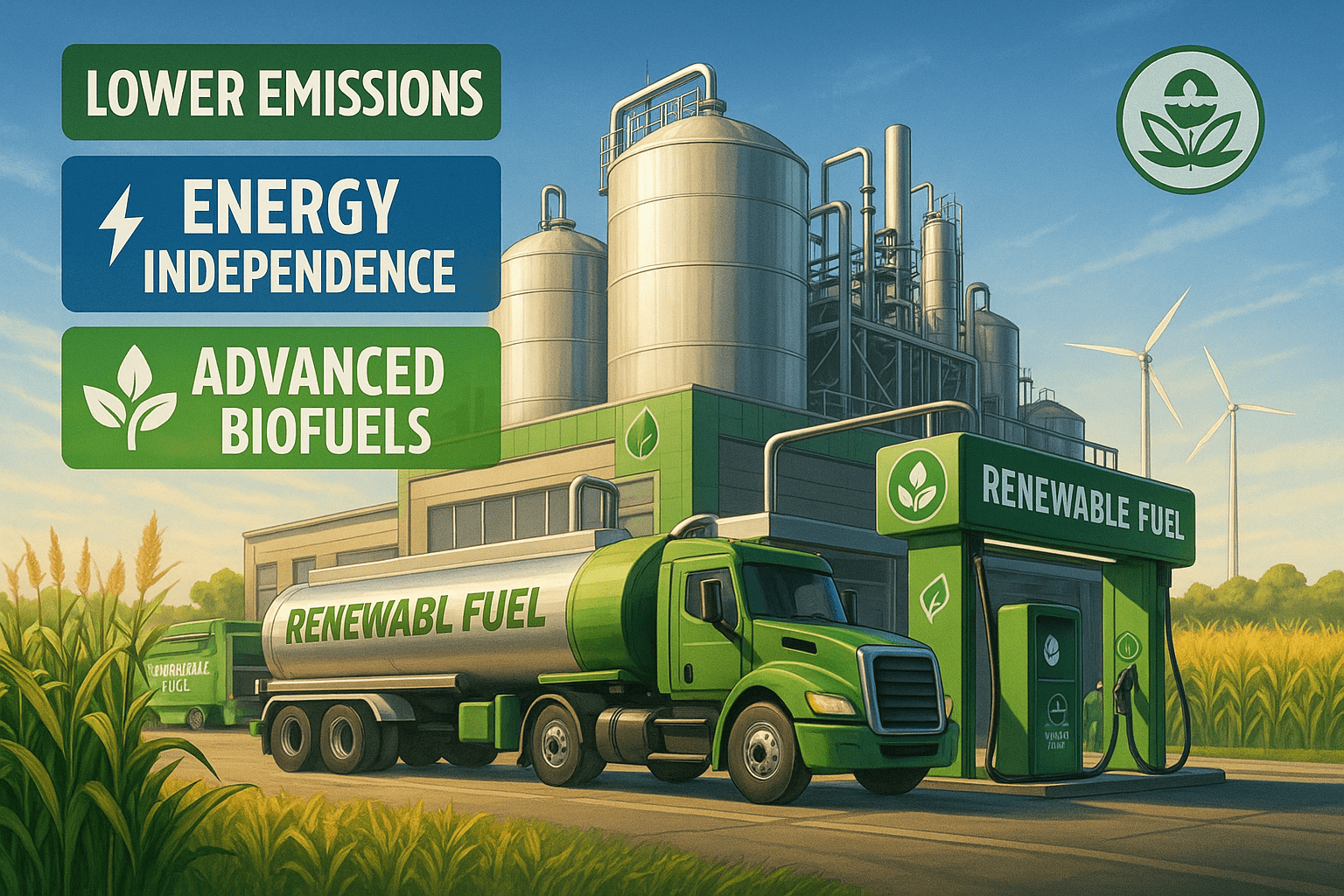 A biofuel production facility with trucks loading renewable fuel, large tanks, and feedstock fields in the background. Callouts read “Lower Emissions,” “Energy Independence,” and “Advanced Biofuels,” with subtle EPA branding.