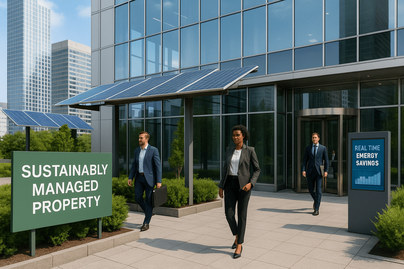 Modern commercial office building with glass façade, solar panels, energy savings display, and professionals entering and exiting, conveying sustainability leadership.