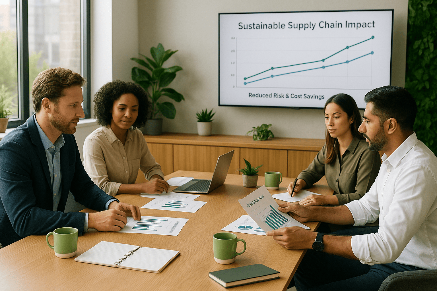 Business team discussing sustainable sourcing strategy in a modern office with daylight and green design accents.