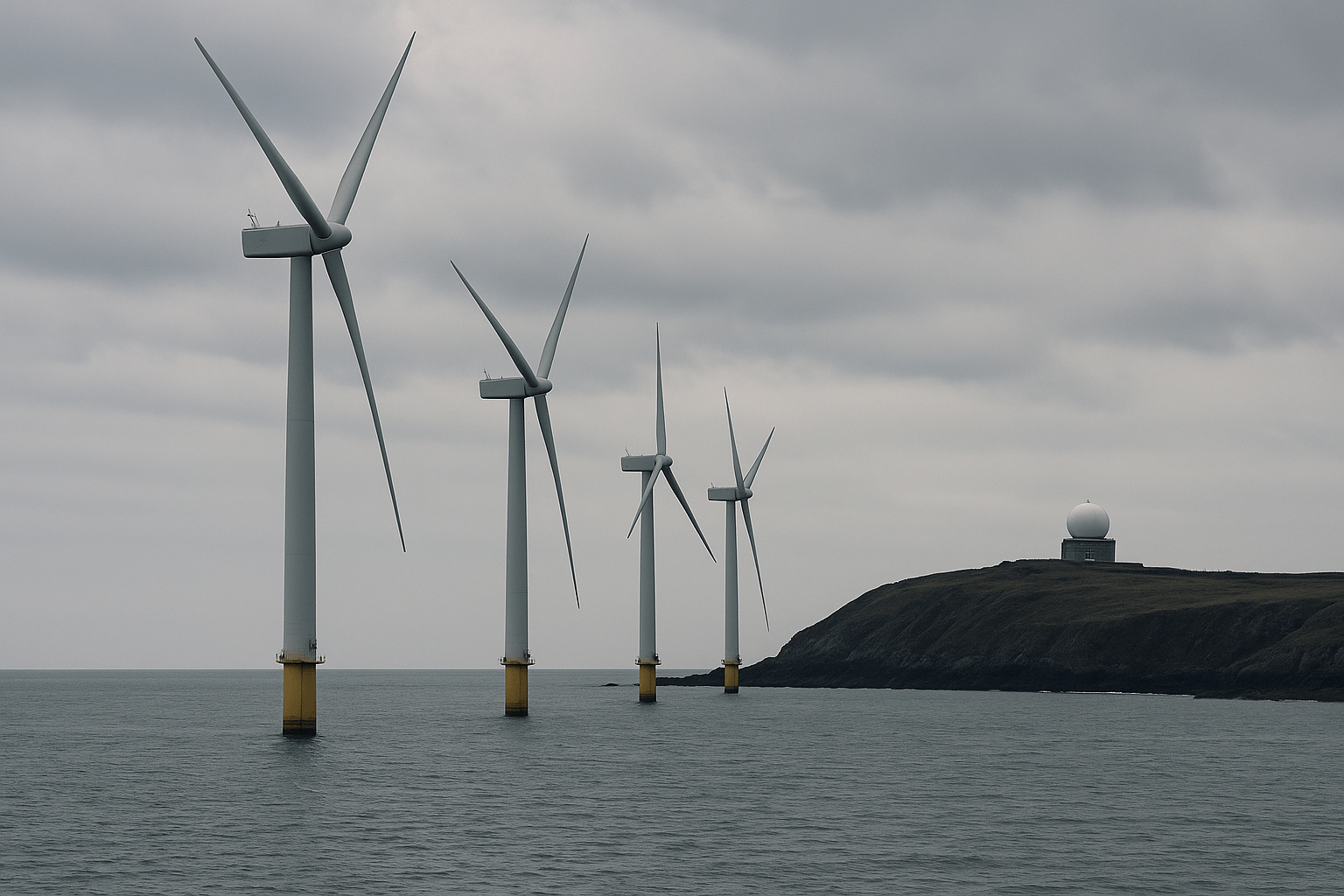 Offshore wind turbines in calm seas with a distant UK military radar dome onshore, representing the balance between green energy goals and national security.