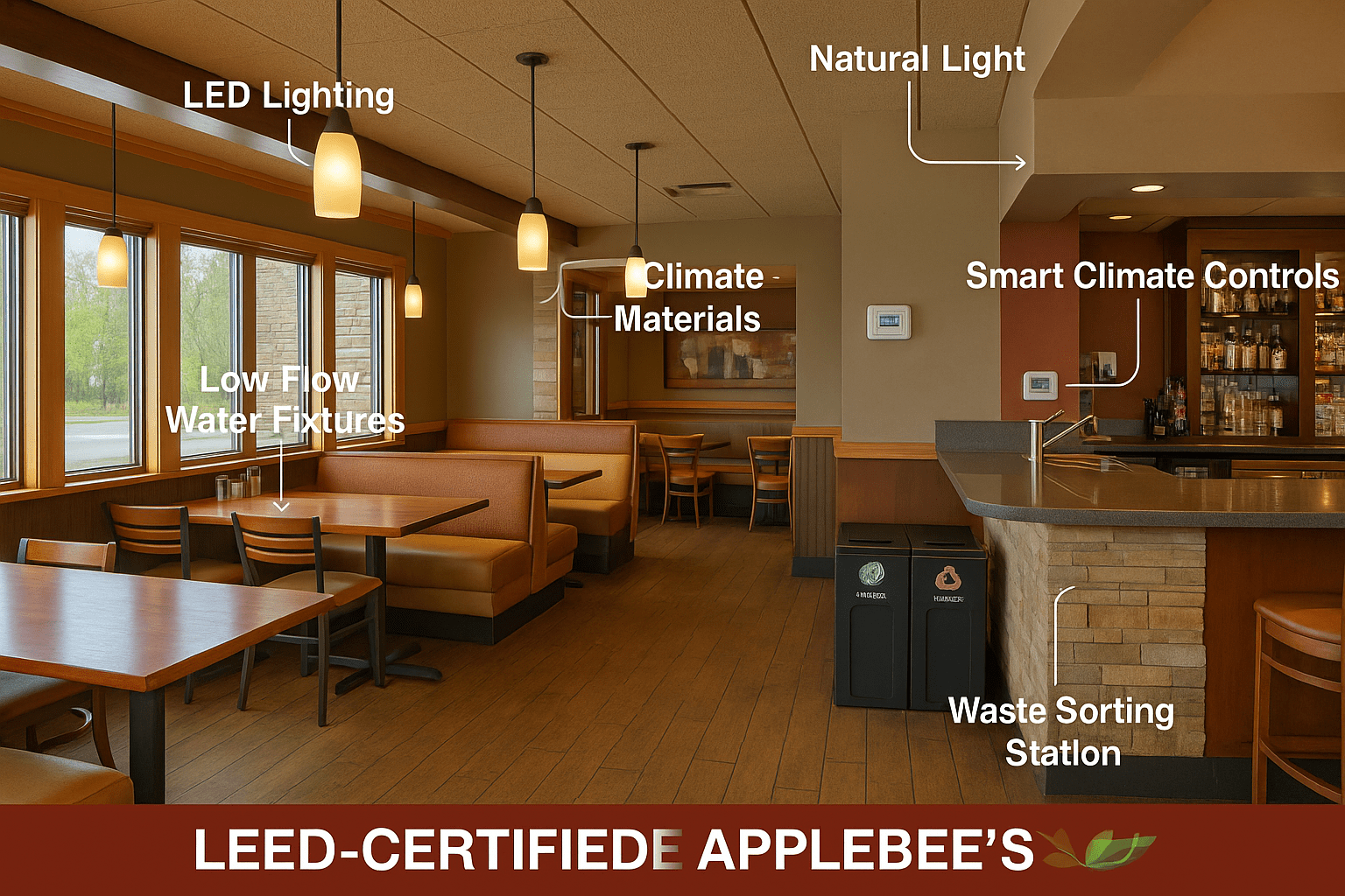 Interior of a modern Applebee’s with labeled callouts for LEED improvements like LED lighting, low-flow fixtures, recycled materials, smart climate controls, natural light, and recycling stations.