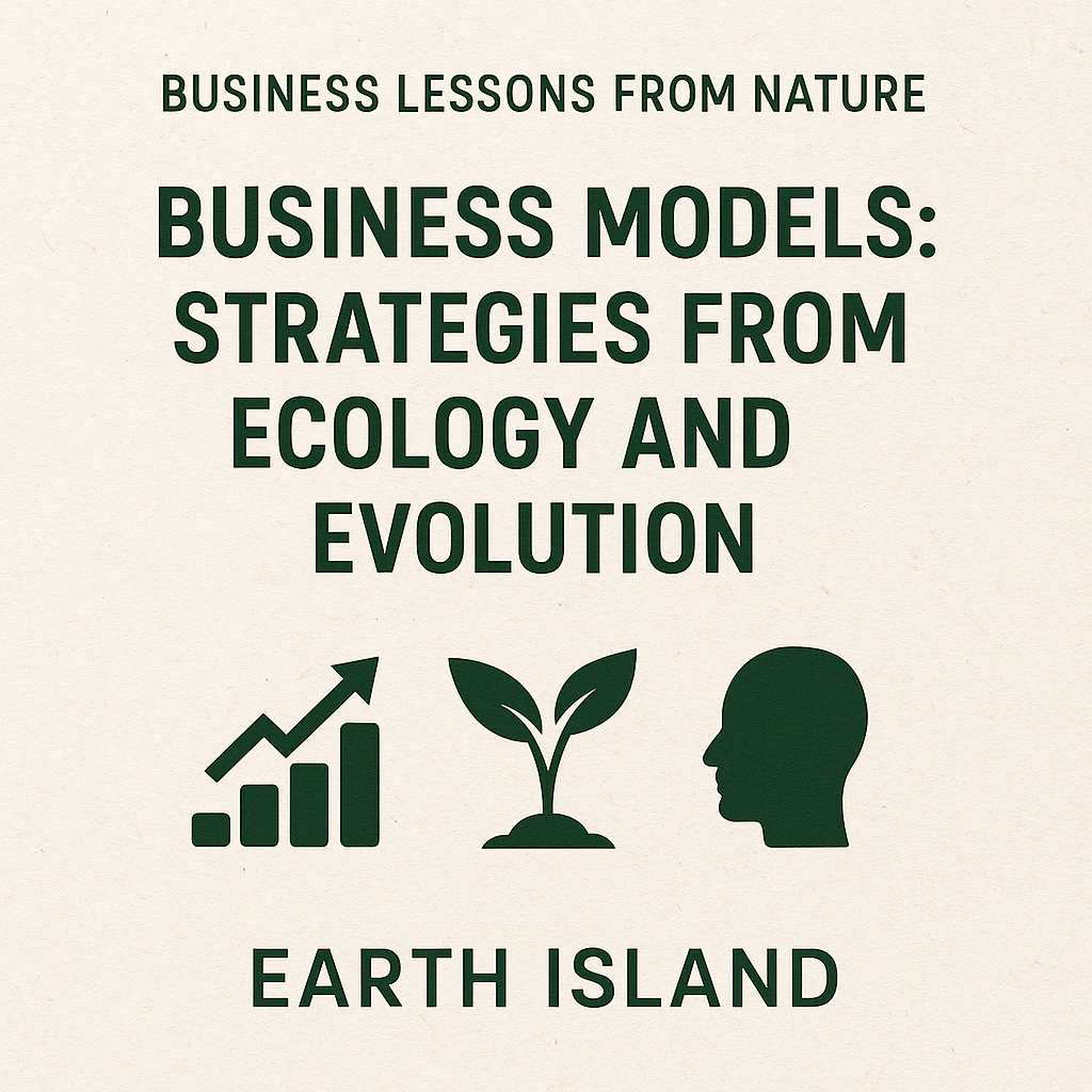 Promotional image for Earth Island’s course “Business Models: Strategies from Ecology and Evolution,” featuring growth, nature, and evolution icons in dark green on a recycled paper-style background.