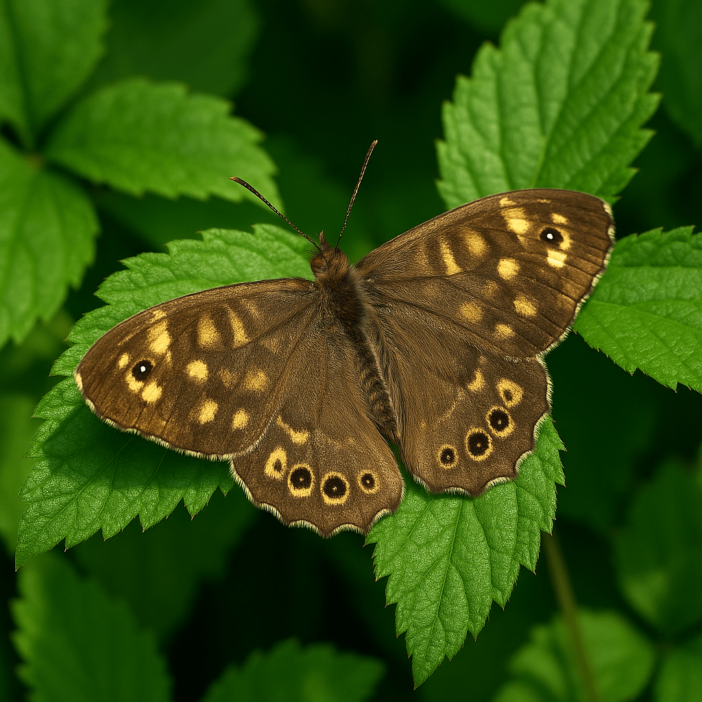 A brown butterfly with yellow spots rests on lush green leaves, blending into the natural foliage.
