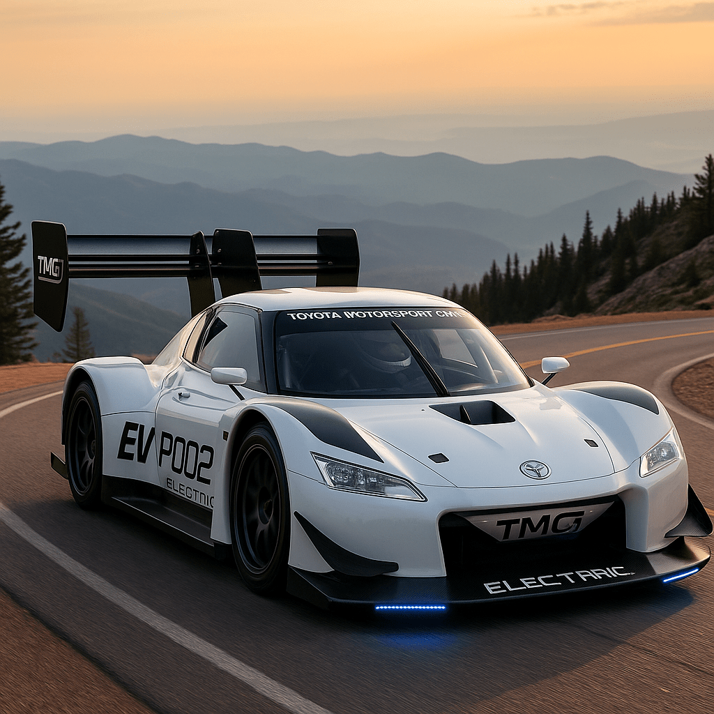 Toyota TMG EV P002 electric race car driving on a winding mountain road at sunset, with aerodynamic styling, large rear wing, and ‘ELECTRIC’ labeled front splitter.