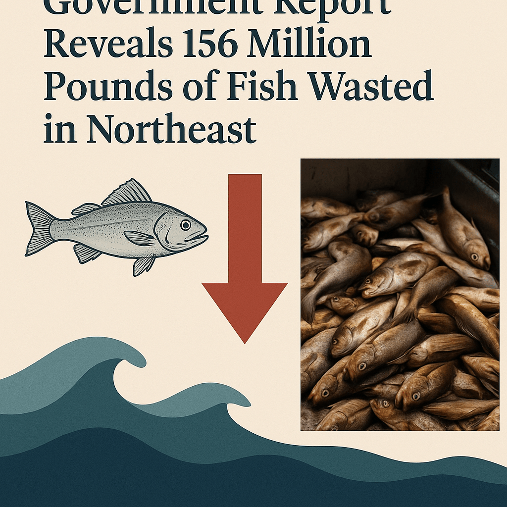 A digital infographic displays a government report headline about 156 million pounds of fish wasted in the Northeast, featuring a fish illustration, a red downward arrow, a pile of discarded fish, and stylized ocean waves.