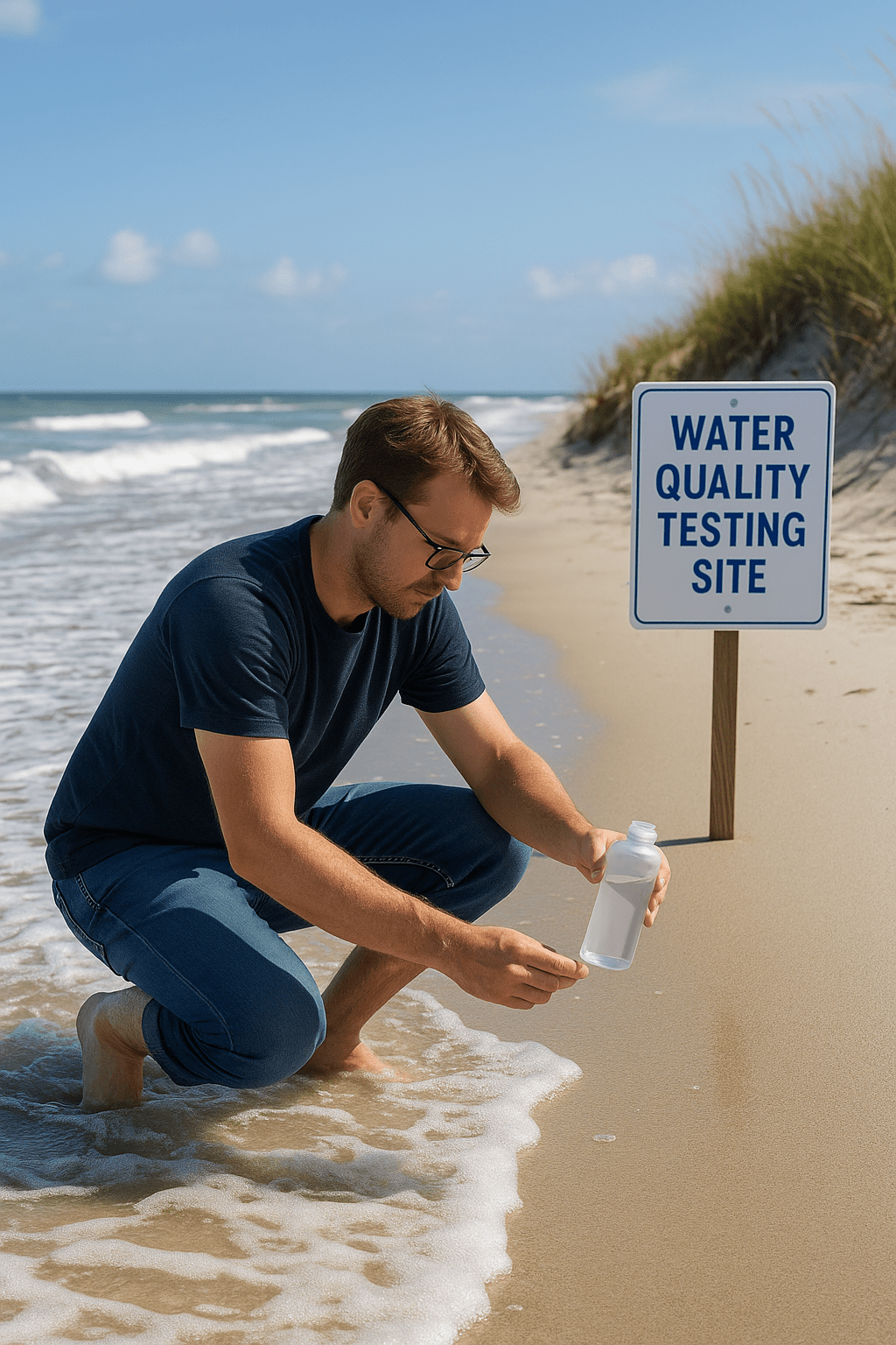 Volunteer kneeling in shallow surf collecting a water sample at a beach marked “Water Quality Testing Site,” with waves and dunes in the background.