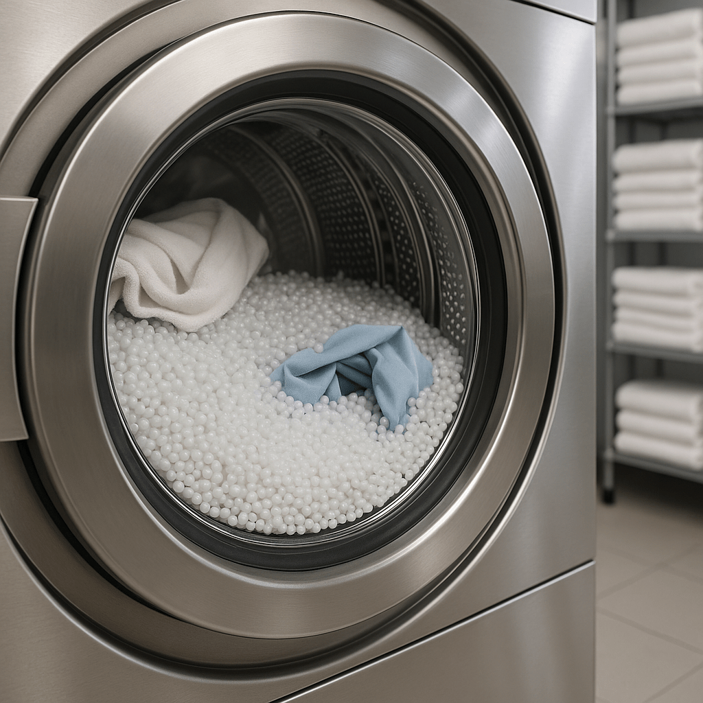 Polymer beads inside a modern commercial washing machine drum among garments in a professional laundry setting.