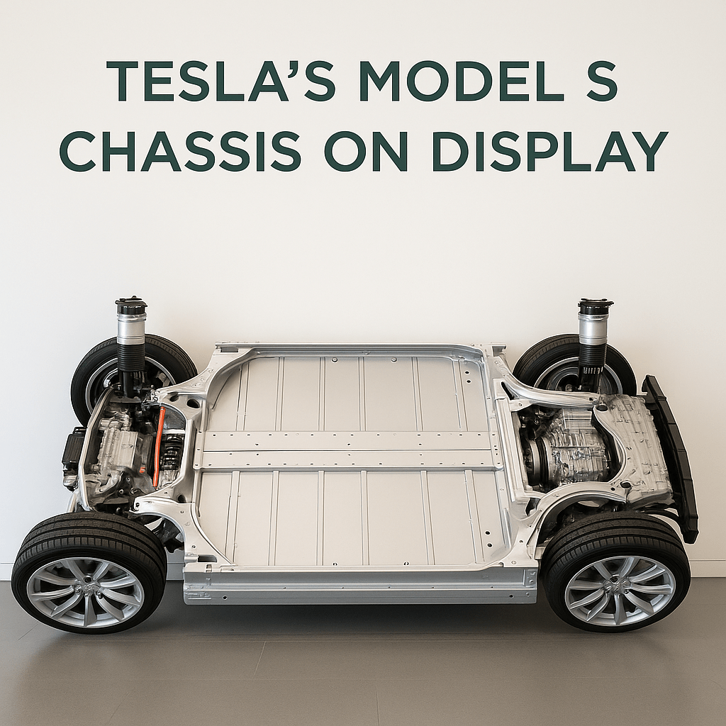 High-resolution image of a Tesla Model S chassis on display in a modern showroom, showing the aluminum frame, battery pack, suspension, and wheel assembly beneath a bold sign reading “TESLA’S MODEL S CHASSIS ON DISPLAY.”