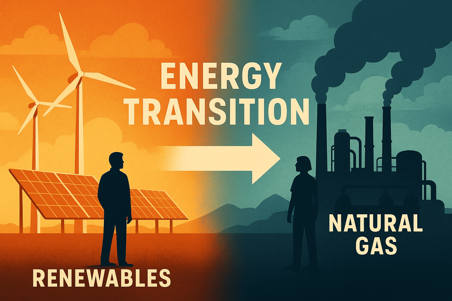 Concept art split in two, showing the ‘Energy Transition.’ On the left, bright orange tones highlight wind turbines and solar panels labeled ‘Renewables.’ On the right, cool blue-gray tones show smokestacks and a gas plant labeled ‘Natural Gas.’ A large arrow labeled ‘Energy Transition’ points from renewables to natural gas, symbolizing the debate over future energy paths.