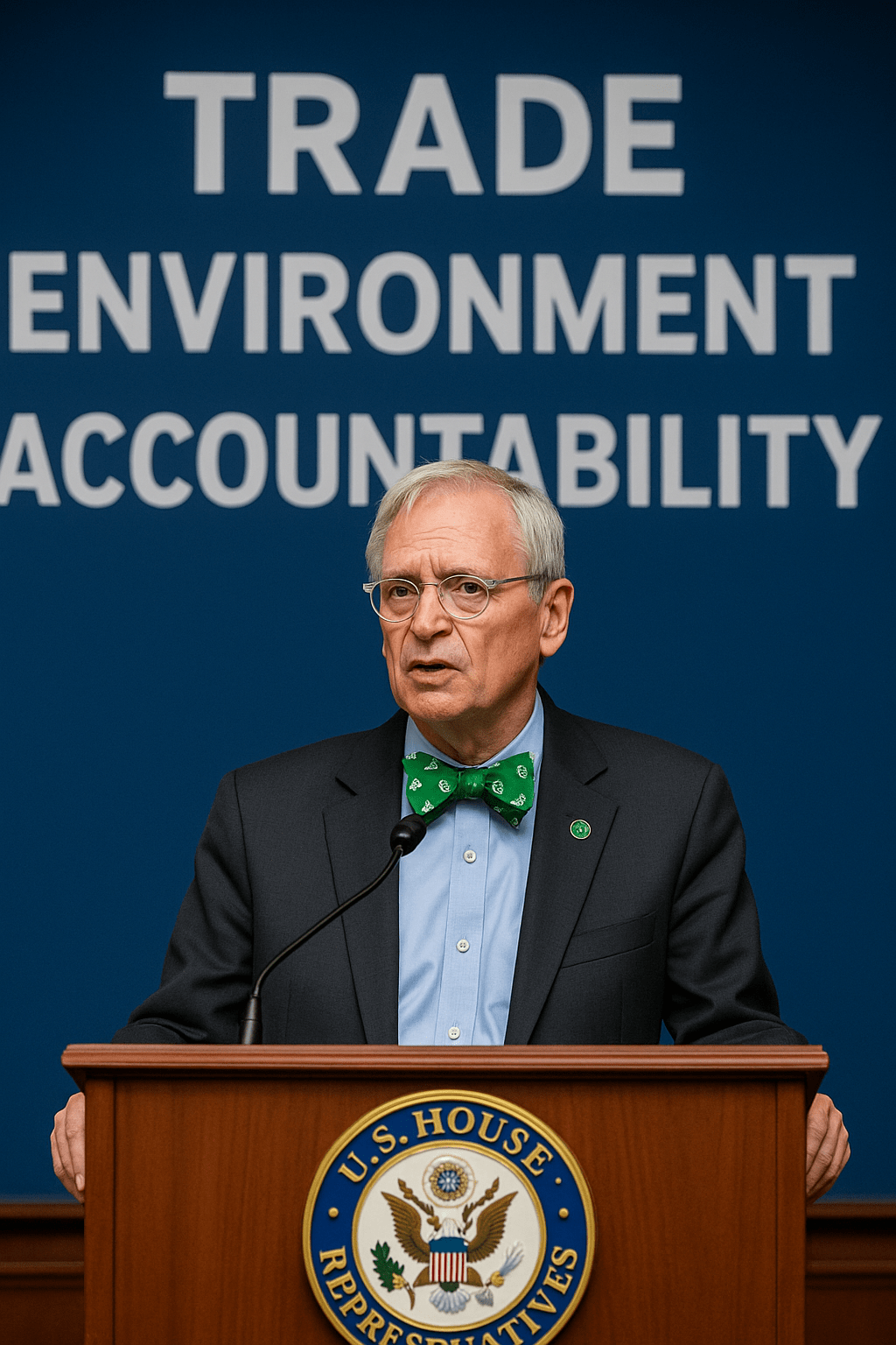 Rep. Earl Blumenauer at a podium in Congress, wearing a green bicycle-themed bow tie, standing before a blue backdrop with the words “TRADE,” “ENVIRONMENT,” and “ACCOUNTABILITY” in bold white letters.