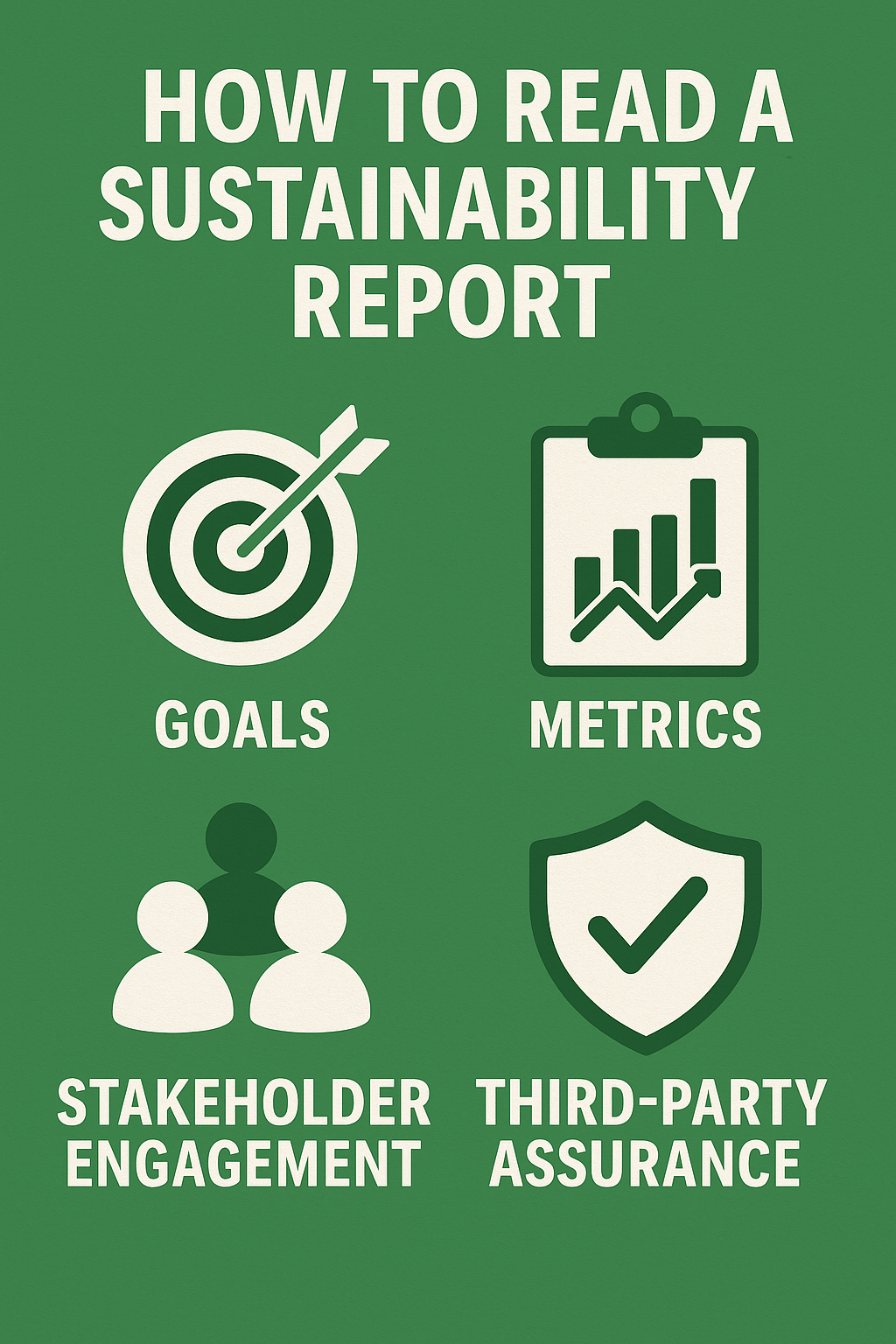 Infographic titled “How to Read a Sustainability Report” with icons of a target for goals, clipboard for metrics, group of people for stakeholder engagement, and a shield with a checkmark for third-party assurance, all on a green background with bold white text.