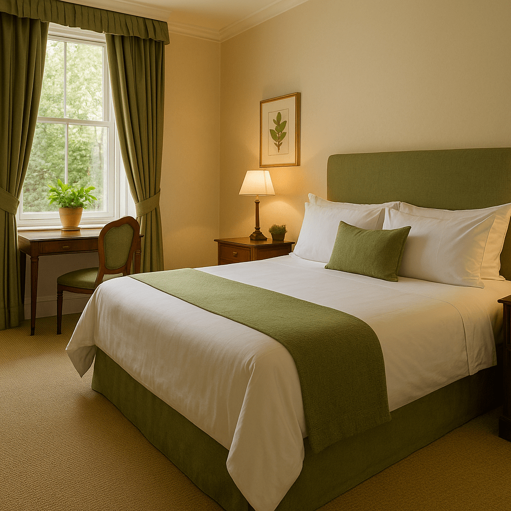 Eco-friendly boutique hotel room with elegant green decor, white linens, a wooden desk near a window, and indoor plants creating a sustainable yet luxurious atmosphere.