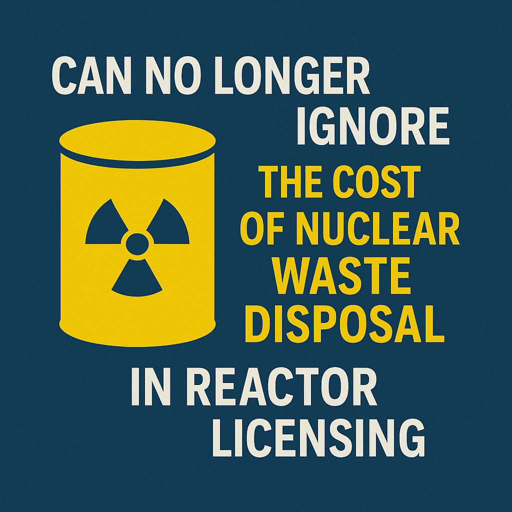 Graphic illustrating the rising costs of nuclear waste disposal in reactor licensing, featuring bold text and a radioactive symbol on a dark blue background.