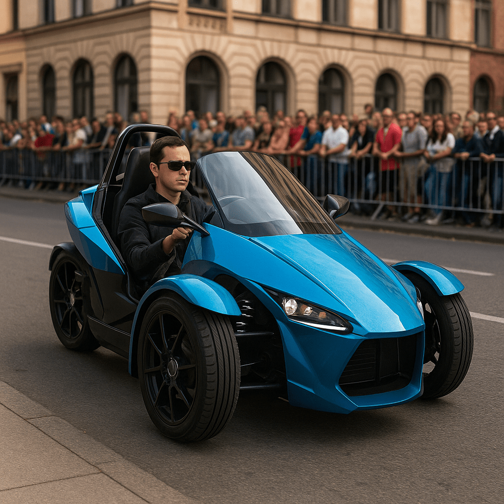 A modern electric three-wheeled vehicle in vibrant blue speeds down a city street, driven by a man in sunglasses, as a crowd watches from behind barriers.