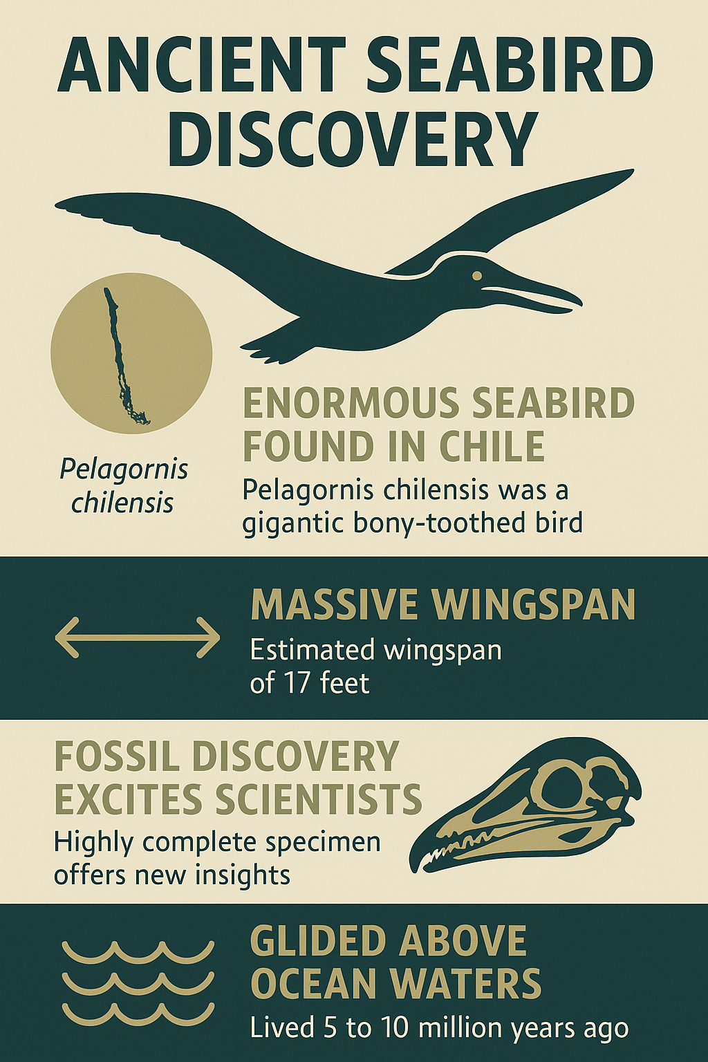 An infographic titled “Ancient Seabird Discovery” with four sections featuring dark teal and beige visuals. It highlights the discovery of Pelagornis chilensis in Chile, its massive 17-foot wingspan, the excitement of scientists over the well-preserved fossil, and that the bird glided over ocean waters 5 to 10 million years ago.