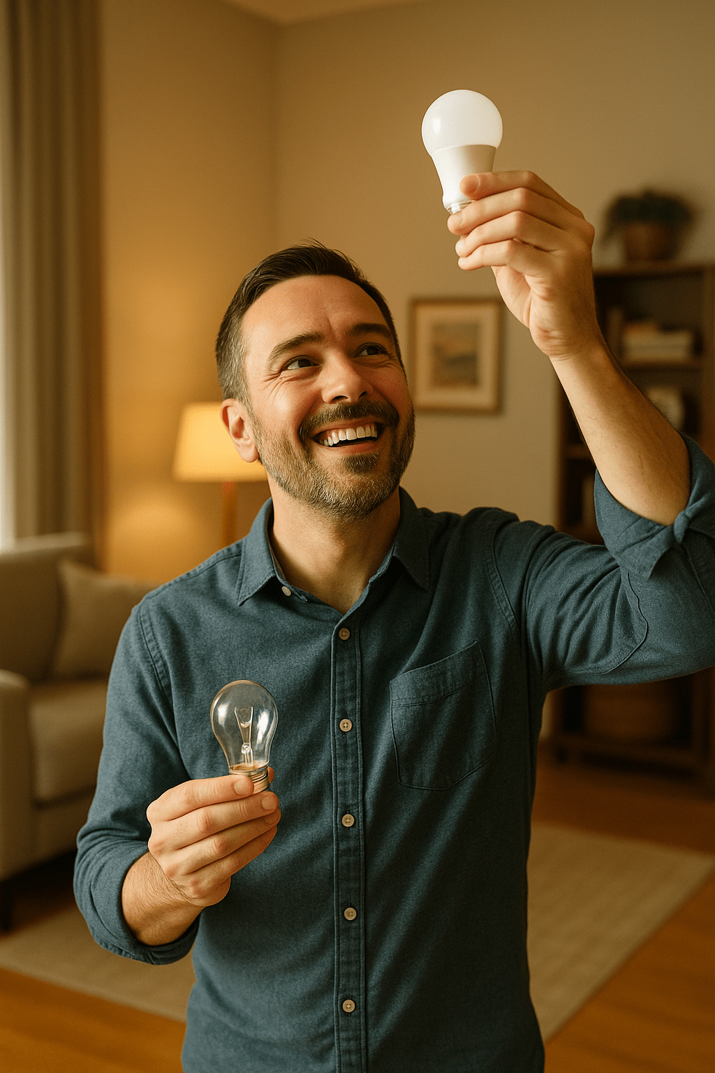 smiling homeowner replacing an old light bulb with an ENERGY STAR-certified LED in a cozy living room.